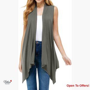 Sleeveless Open Front Cardigan Vest, Asymmetrical Hem, Rayon Spandex Blend